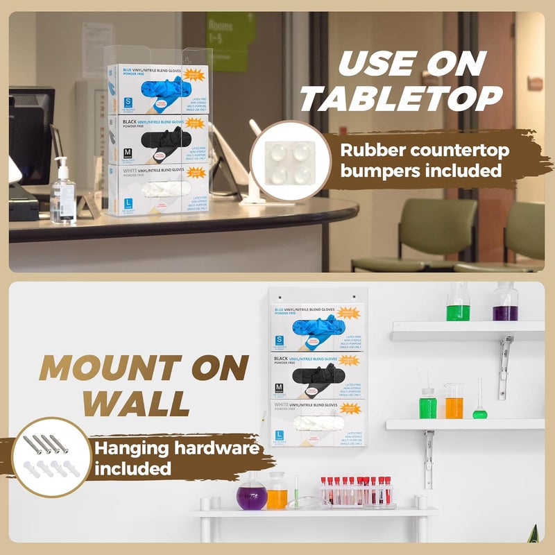 Storage Standard Triple Glove Box Holder Dispenser - Kitchen, Medical, & Latex Glove Holder Wall Mount or Countertop, Universal Fit - Thick Acrylic, Easy to Use, Slide, & Load Open Top Design - Clear - Image 2